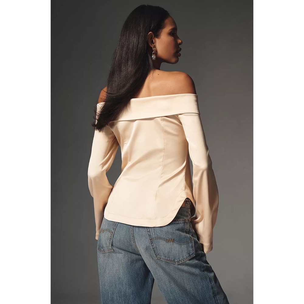 Anthropologie Off-The-Shoulder Wrap Collared Silky Button Front Shirt xxs - Picture 5 of 10